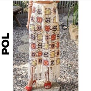 POL Boho Crochet Fringe Maxi Skirt - Cream, Brown, Yellow